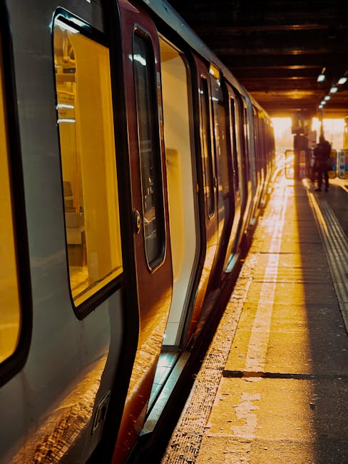 A view of multiple modern commuter trains parked on parallel railway tracks at a train station near Finsbury Park. The trains have sleek, yellow and grey external finishes with large windows. The platforms are visible on the sides, with some areas appearing clean and well-maintained. Overhead electric lines and poles run above the tracks, and beyond, there are urban buildings and trees under a cloudy sky. The scene captures the infrastructure involved in surface cleaning and maintenance for efficient transportation services, reflecting the importance of thorough, professional cleaning and sanitisation for public transit environments, as provided by Cleaner Finsbury Park.